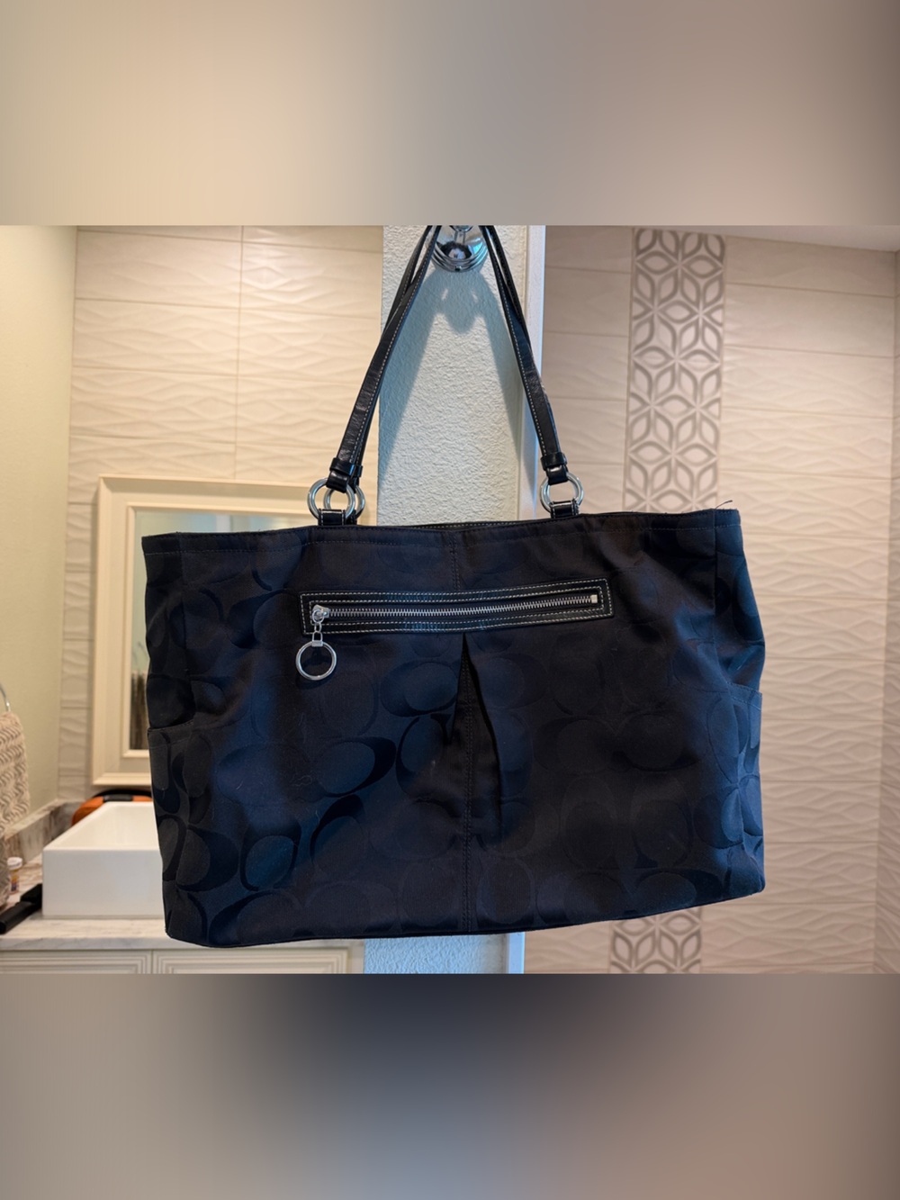 Coach Black Signature Jacquard Tote with Front Zip Pocket